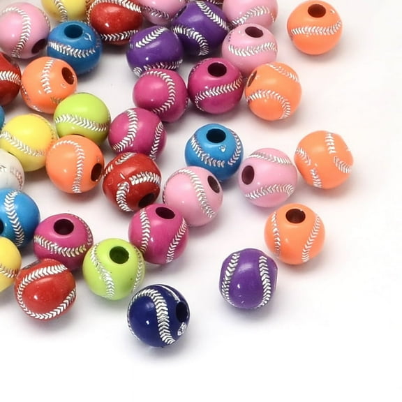 Baseball Plating Acrylic Beads Sports Beads Large Hole Beads Silver Metal Enlaced Mixed color 12mm Hole: 4mm