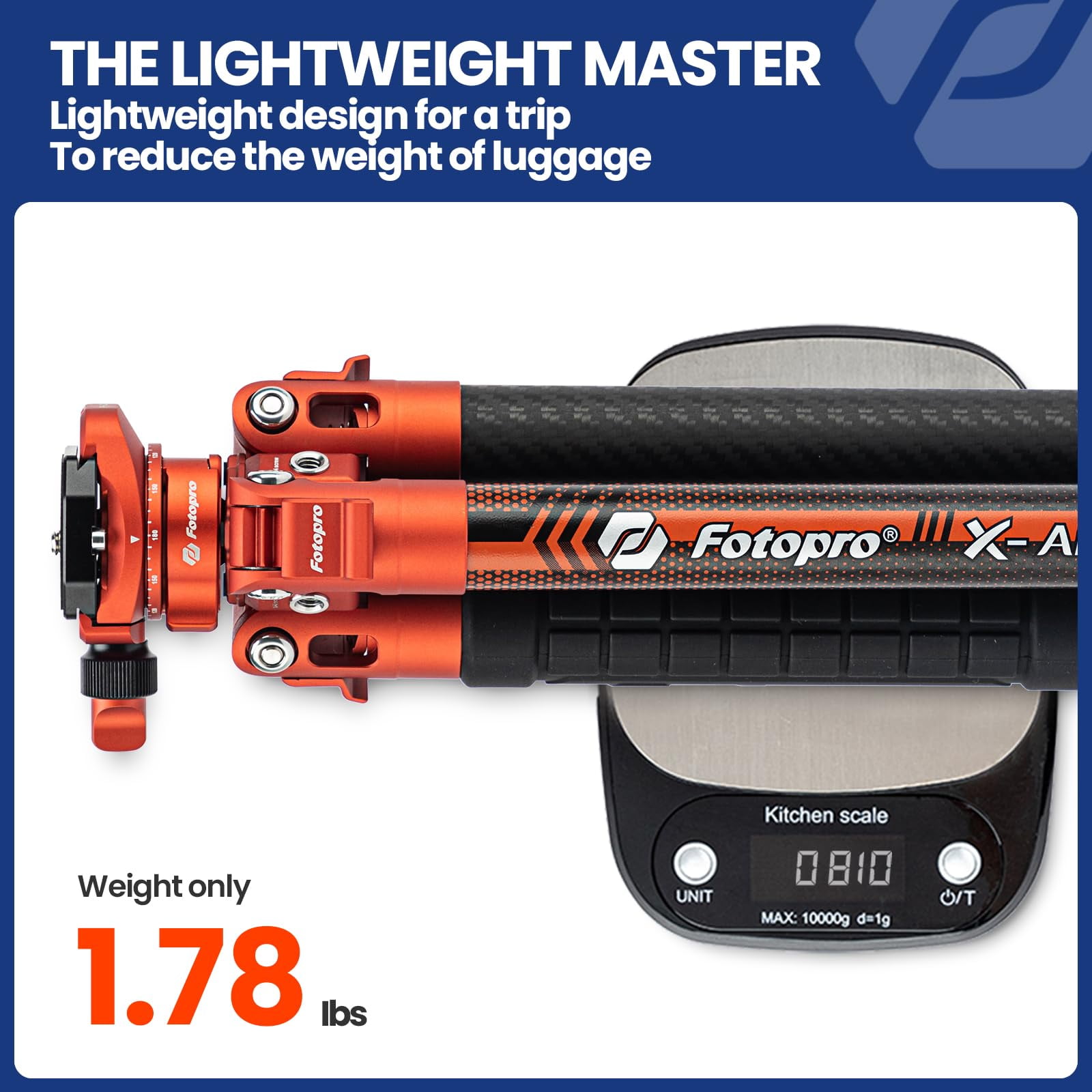 Fotopro 60" Carbon Fiber Tripod with Ball Head, 1.7 lbs Ultralight Travel Tripod for Camera DSLR, Max Load 22 lbs, X-Aircross 3 Lite, Flame Orange