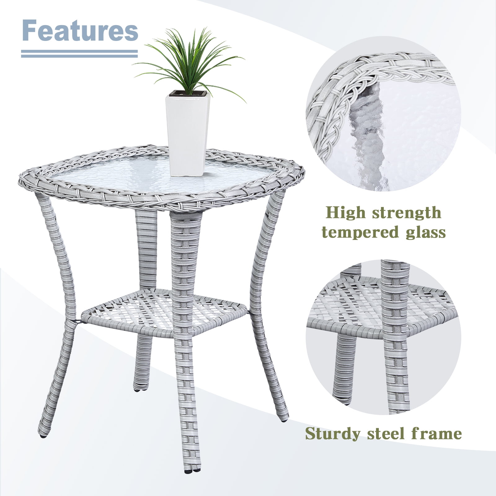 OPOHORO Outdoor Wicker Side Table,22x20x20 inch All Weather Rattan Small Patio Table Square End Table for Pool Balcony Deck Porch Lawn Backyard, Light Gray