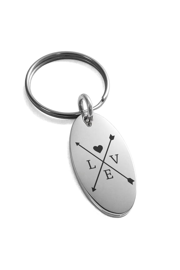 Stainless Steel Heart Love Arrow Compass Engraved Small Oval Charm Keychain Keyring