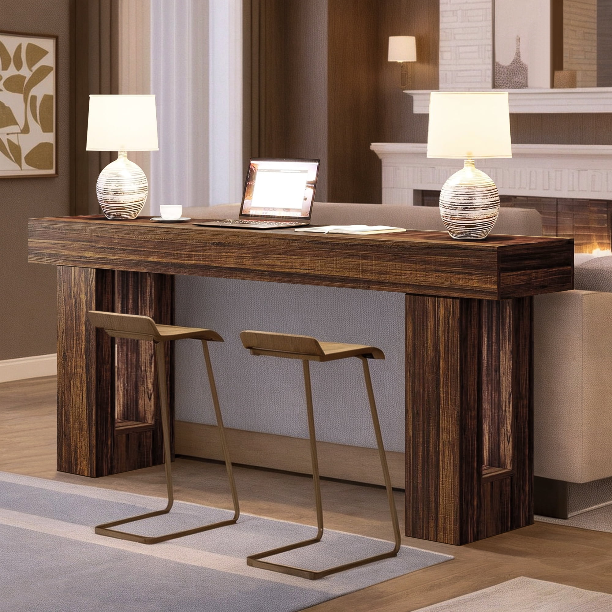 Demi Bonn 63" Farmhouse Console Table, Modern Living Room Sofa Table, Contemporary Entryway Hall Table, Foyer Display Table, Rustic Brown