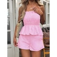 thumbnail image 5 of Women'S 2 Piece Striped Shirred Ruffle Strapless Bandeau Tops and Shorts Set Pink M, 5 of 8