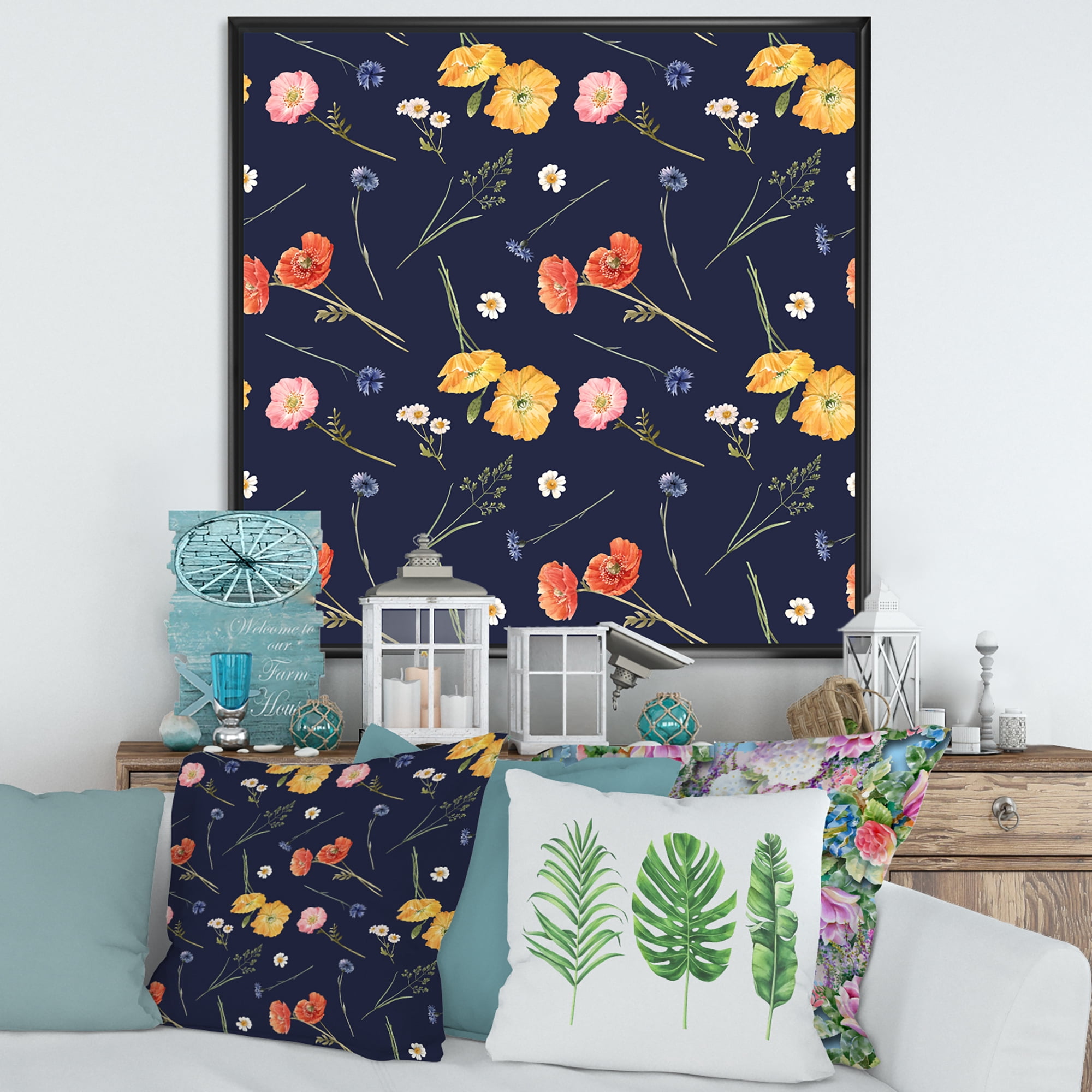 Designart 'Yellow and Orange Wild Flowers On Dark Blue' Traditional Framed Canvas Wall Art Print