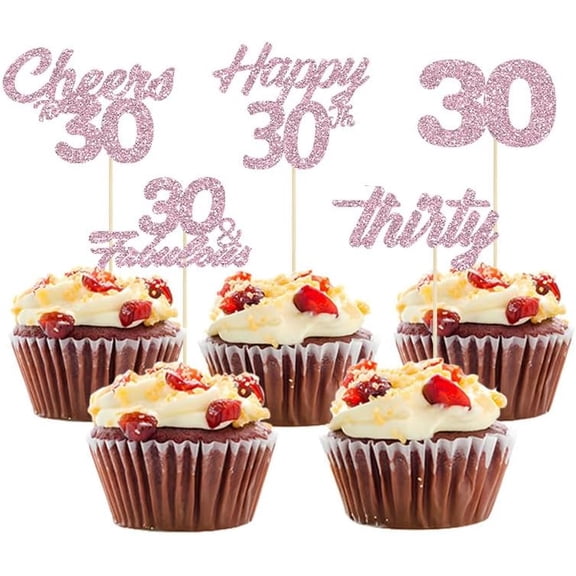 12pcs Pink 30th Birthday Cupcake Toppers Glitter Thirty Happy 30th Cupcake Picks for Cheers to 30 Years Wedding Anniversary Party Decoration Supplies