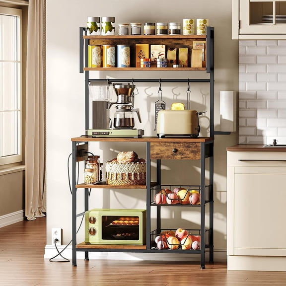Bakers Rack with 4 AC Power Outlets, 5-Tier Coffee Bar with Wire Basket, Microwave Stand with Paper Holder and Drawer, Kitchen Storage Shelf, Rustic Brown and Black BF84UHB01