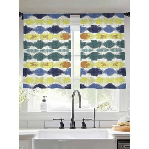 Navy Blue Green Sheer Curtains for Living Room Bedroom Abstract Art Geometric Sheer Curtains 45 Inch Long 2 Panels Set Light Filtering Curtain Window Treatments Drapes for Dining Room