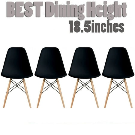 2xhome Set of 4 Black Mid Country Modern Molded Shell Designer Assemble Plastic Chair Side No Arms Wheels Armless Chairs Natural Wood Wooden Eiffel for Dining Room Bedroom Kitchen Accent Office