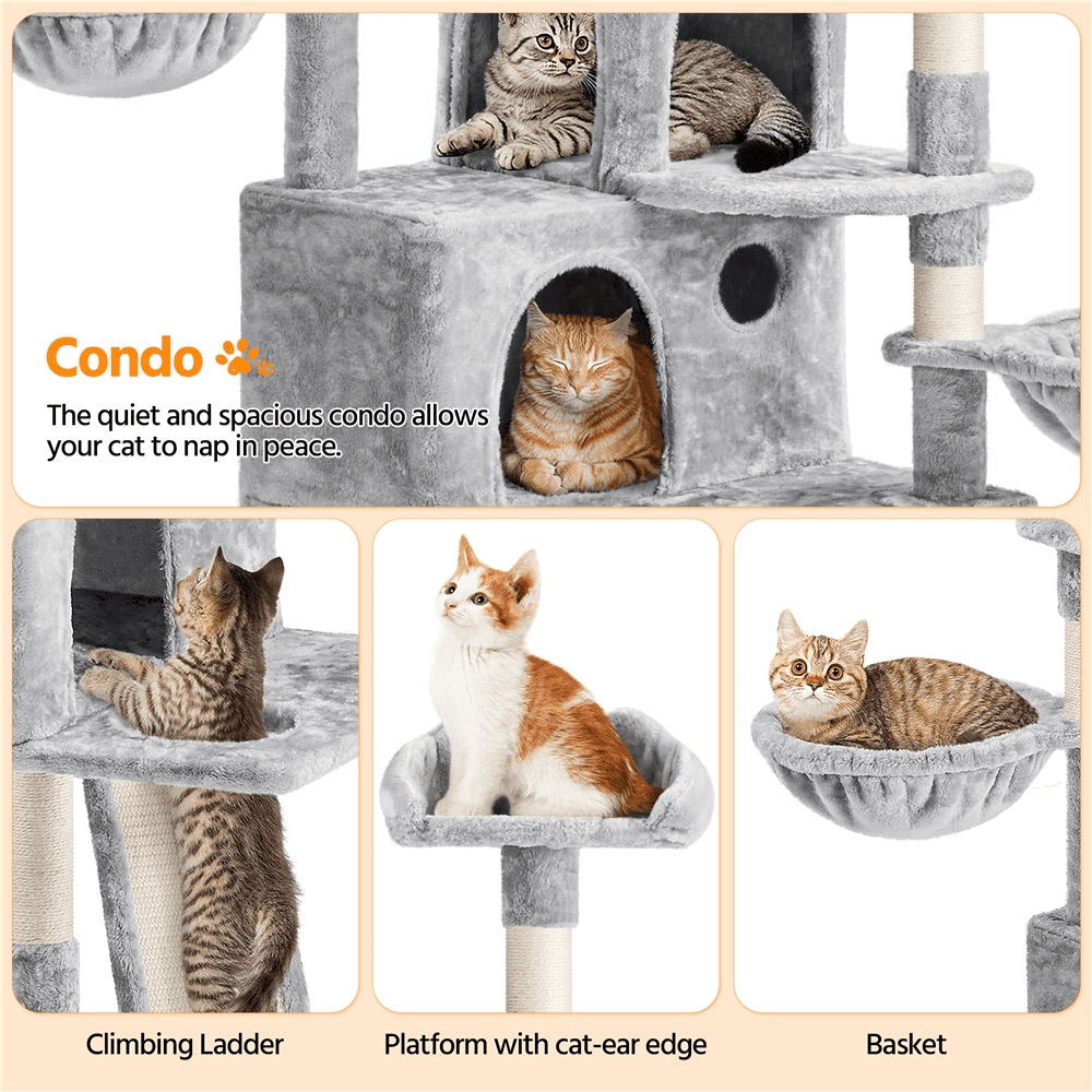 Alden Design 76.5"H Large Cat Tree Tower with 3 Condos Cozy Perches Dangling Ball, Light Gray