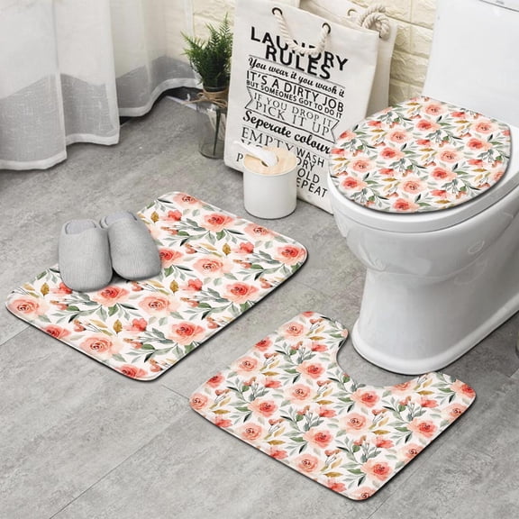 Pioneer Flower Floral Print Pattern Bathroom Rugs Sets 3 Piece,Toilet Cover Set,Absorbent Non Slip Bathroom Mats Sets with U-Shaped Contour Rug Toilet Rug Set