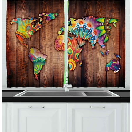 Country Bedrooms Bohemian Curtains 2 Panels Set, World Map on Wooden Rustic Planks Background Creative Abstract Countries Print, Window Drapes for Living Room Bedroom, 55W X 39L Inches, Multicolor, by Ambesonne ()