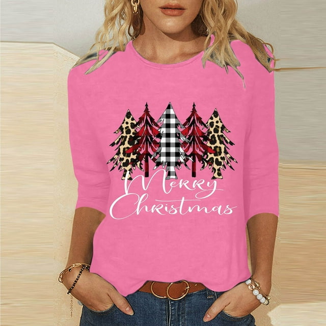Meichang Cadeaux de Noël pour Femmes Manches 3/4 Coupe Ample Col Rond Hauts d'Automne Joyeux Noël T-Shirts Graphiques Décontractés Hauts de Vacances Blouses