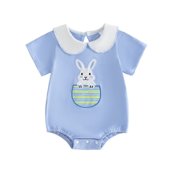 Easter Bunny Embroidered Short Sleeve Bodysuit Collar Romper Boys Toddler Outfit Clothes