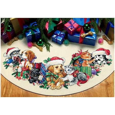 Frisky Friends Tree Skirt Counted Cross-Stitch Kit, 45" Round