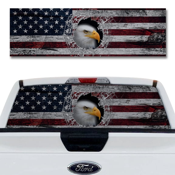 Rear Window Decal for Trucks – Bullet Hole Flag Eagle 58 x 18 Inches, Weatherproof Perforated Vinyl See-Through Graphic, Fits Most Pickup Trucks & SUVs