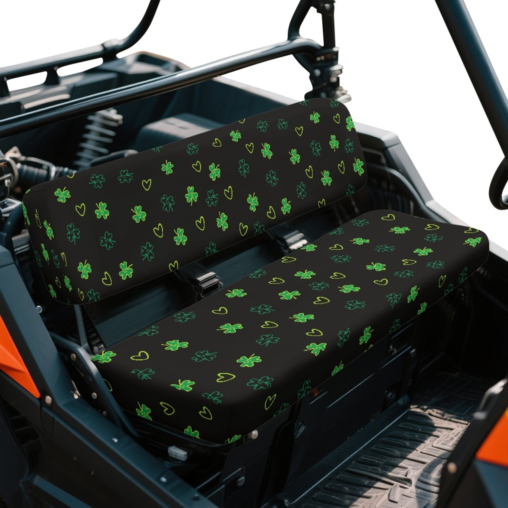 ZIATUBLES UTV Seat Covers 2 Pack, Black Clover Heart Print Waterproof Polyester Front Seat Protectors Compatible with Kawasaki Mule 3020 4000, St. Patrick's Day UTV Decor Accessory Part