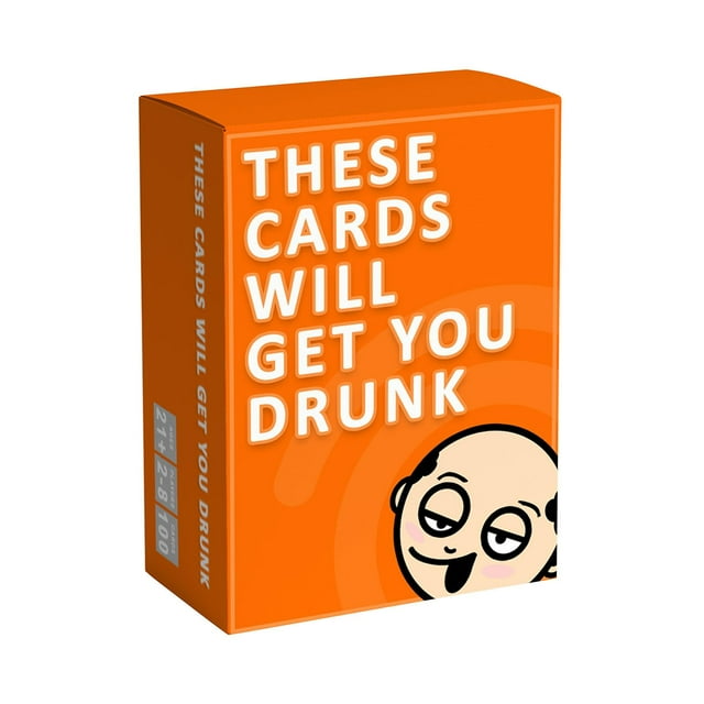 Under 10 Event & Party These Cards Will Get You Drunk Fun Adult Drinking Game for Parties. The image shows the orange packaging of the card game with bold white text reading 'These Cards Will Get You Drunk' and a cartoon face illustration. Designed for 2-8 players aged 21 and up, this game includes 100 dynamic cards for endless fun. The compact box measures approximately 9x6x3 cm and is made of plastic.