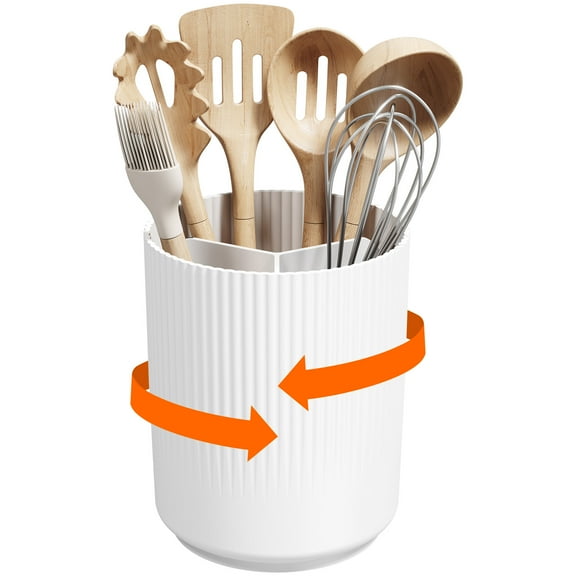 Lifewit Utensil Holder for Kitchen Counter, Cooking Silverware Caddy with Non-Slip Rotating Base, Large 3 Compartment Plastic Spoon Spatula Cutlery Flatware Organizer with Dry Draining, White, 1 Pack