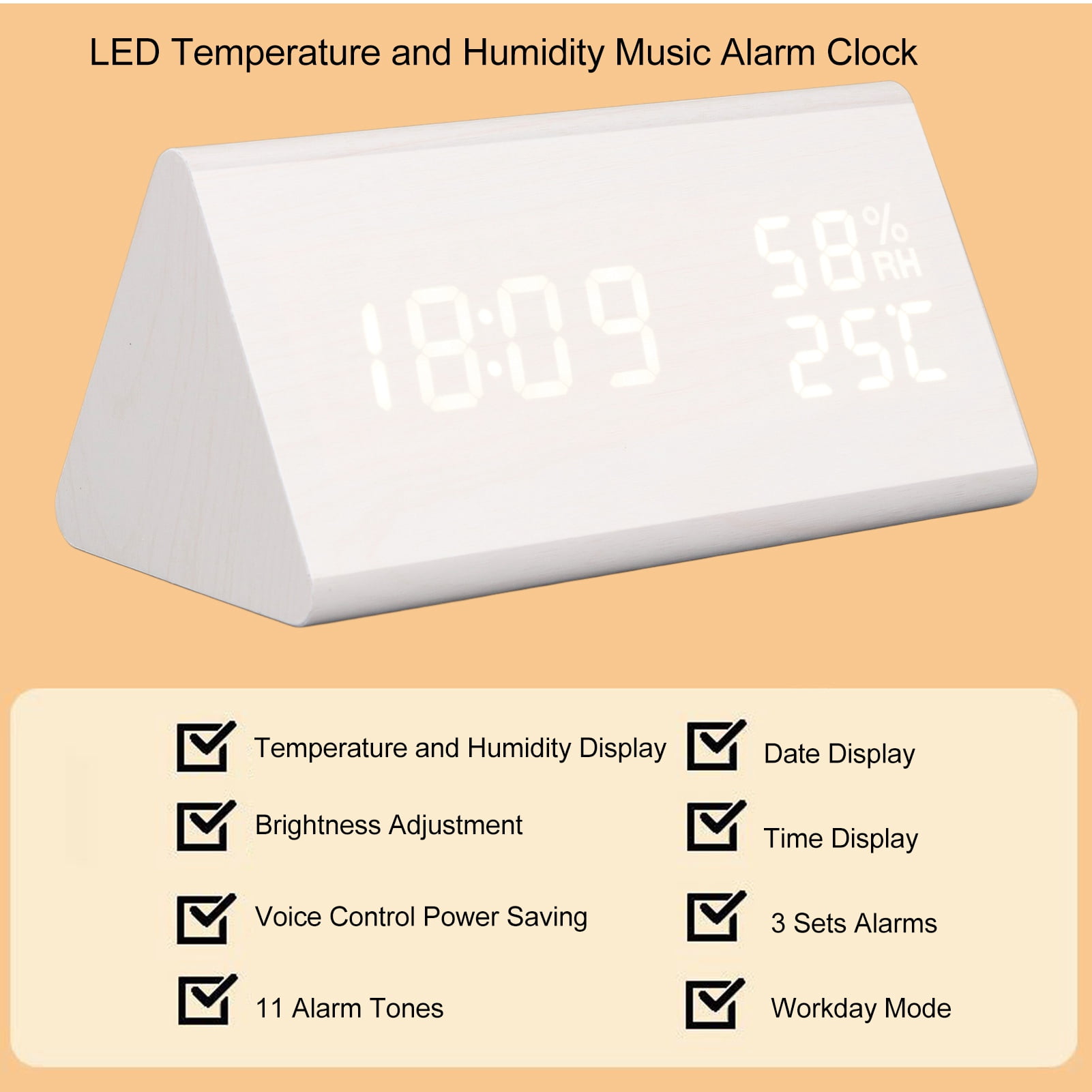 Riousery LED Digital Alarm Clock Multipurpose Wooden Voice Control Temperature Humidity Display 6.69 inches / 17 cm (White Wood)