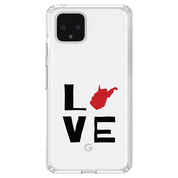 DistinctInk Clear Shockproof Hybrid Case for Google Pixel 4 XL (6.3" Screen) - TPU Bumper Acrylic Back Tempered Glass Screen Protector - West Virginia - Love Black & Red