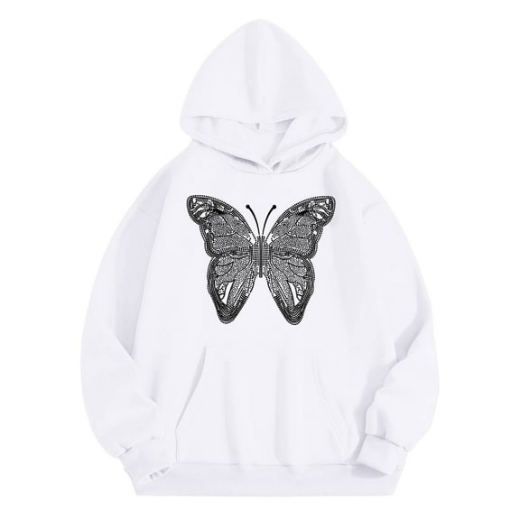 Telankuip Hoodies for Teen Girls Trendy Large Butterflies Graphic Preppy Kid's Sweatshirts Casual Loose Fit Comfort Long Sleeve Hooded Pullover Tops with Pocket White 1-2 Years