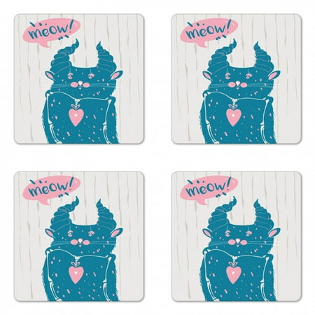 

Colorful Coaster Set of 4 Meow Typography in a Speech Bubble with a Bizarre Cat Square Hardboard Gloss Coasters Standard Size Dark Turquoise Pale Pink by Ambesonne