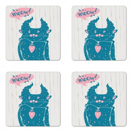 

Colorful Coaster Set of 4 Meow Typography in a Speech Bubble with a Bizarre Cat Square Hardboard Gloss Coasters Standard Size Dark Turquoise Pale Pink by Ambesonne