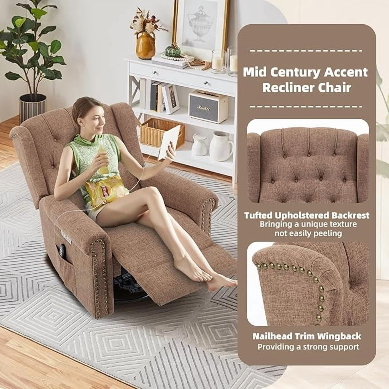 EPICOZY Power Swivel Rocking Glider Recliner Chair with Massage and Heat, Electric Nursery Glider Rocker for Living Room, Wingback Tufted Upholstered Recliner Chair with Type-C & USB Ports, Brown
