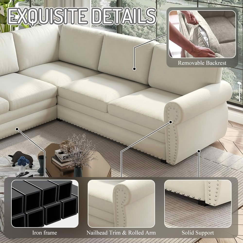 MAYEERTY 118" L‑Shaped Convertible Pull‑Out Sofa Bed, Chenille Sectional Couch with Nailhead Trim & Rolled Arms, Oversized Multifunctional Sleeper Sofa