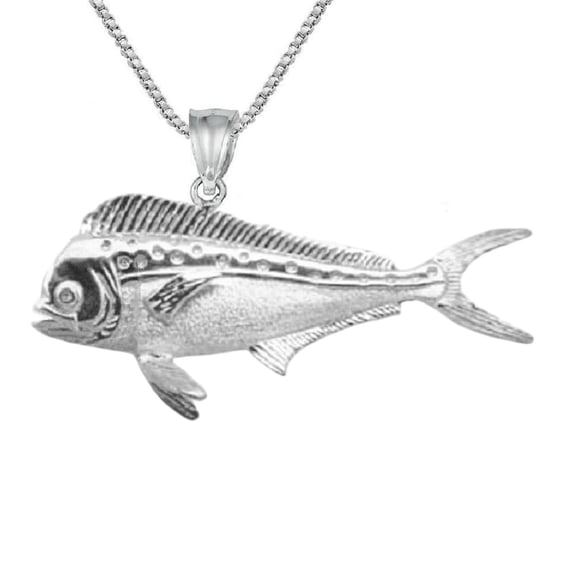 925 Sterling Silver Necklace w/ Mahi Mahi Fish 3D (3 Dimensional) Solid Pendant