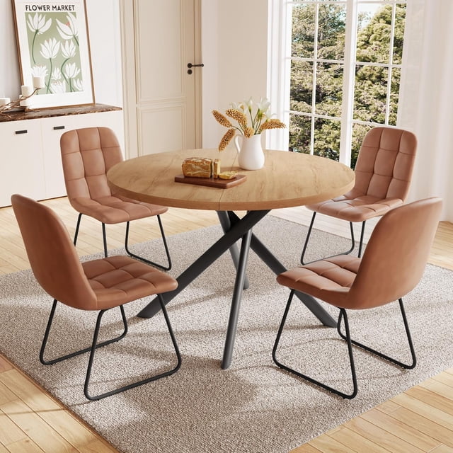 45.3'' Walnut Round Dining Table Set for 4, Mid Century Modern Small Coffee Set for Dining Room Kitchen Apartment (Oak Table + 4 U-Shaped White Chairs)