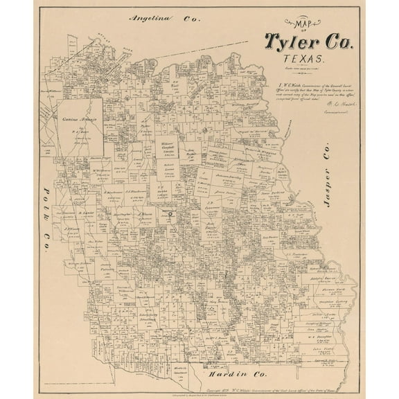 Historic County Map - Tyler County Texas - Walsh 1879 - Vintage Wall Art