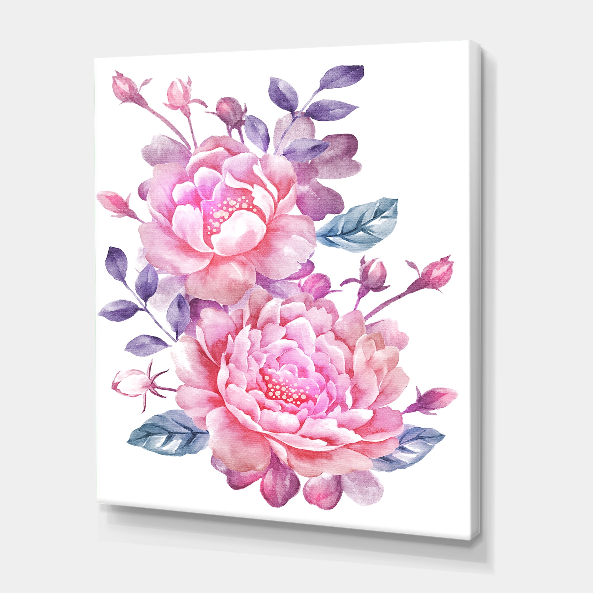 Designart ' Pink Retro Flowers With Blue Leaves On White ' Traditional Canvas Wall Art Print