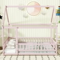 thumbnail image 4 of Full Size House Floor Wooden Bed Frame with Roof and Fence, Safety Guardrails, Pink, 4 of 10