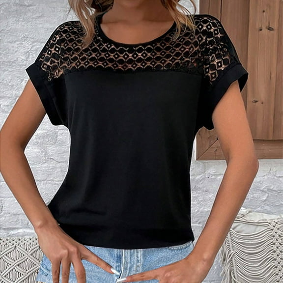 ECZHAW Womens Tops ,Women's Round Neck Short Sleeve Lace Hollow Out Going Out Work Blouse Top