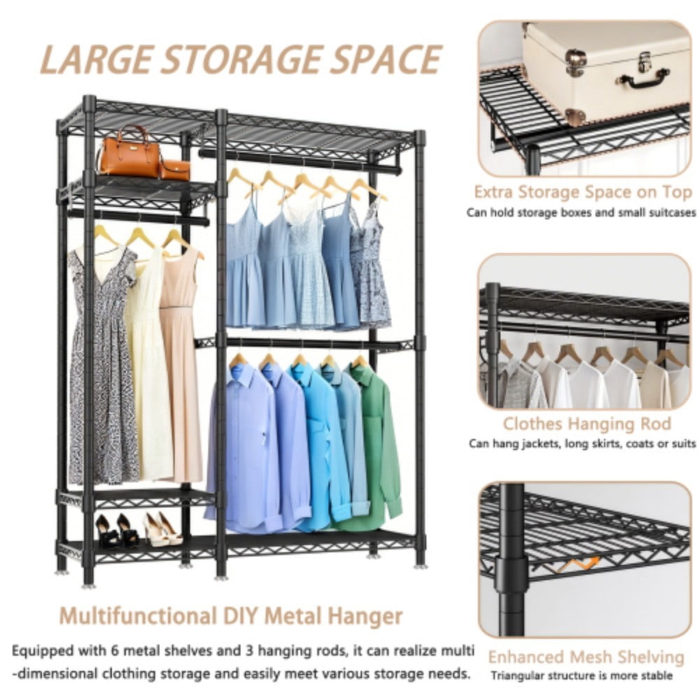 Heavy Duty Clothes Rack, Freestanding Closet Organizer with 6 Adjustable Wire Shelves & 3 Clothes Rails, Portable Metal Clothing Rack, Black
