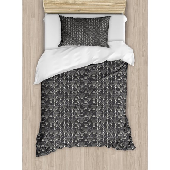 Abstract Duvet Cover Set Twin Size, Modern Interpretation of Striped Upside Down Triangles Combined Vertically, Decorative 2 Piece Bedding Set with 1 Pillow Sham, Eggshell Dark Grey, by Ambesonne