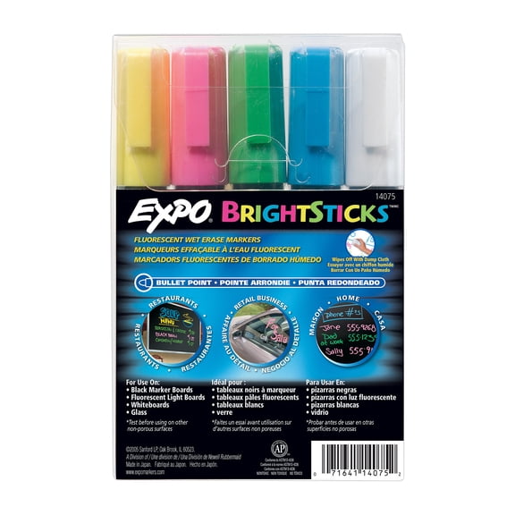 EXPO Bright Sticks Wet Erase Fluorescent Markers, Bullet Tip, Assorted Colors, 5 Count