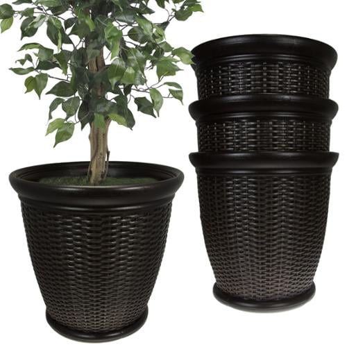 4 Suncast 22” Large Plastic Resin Wicker Planter Pots Indoor Outdoor Yard Garden