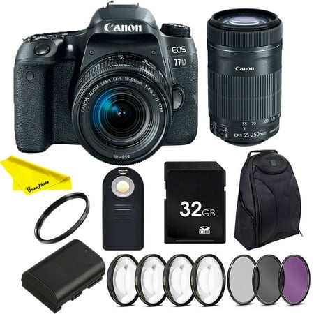 Canon EOS 77D DSLR Camera with 18-55mm IS STM & 55-250 IS STM Lenses + SD Card + Buzz-Photo Photographers