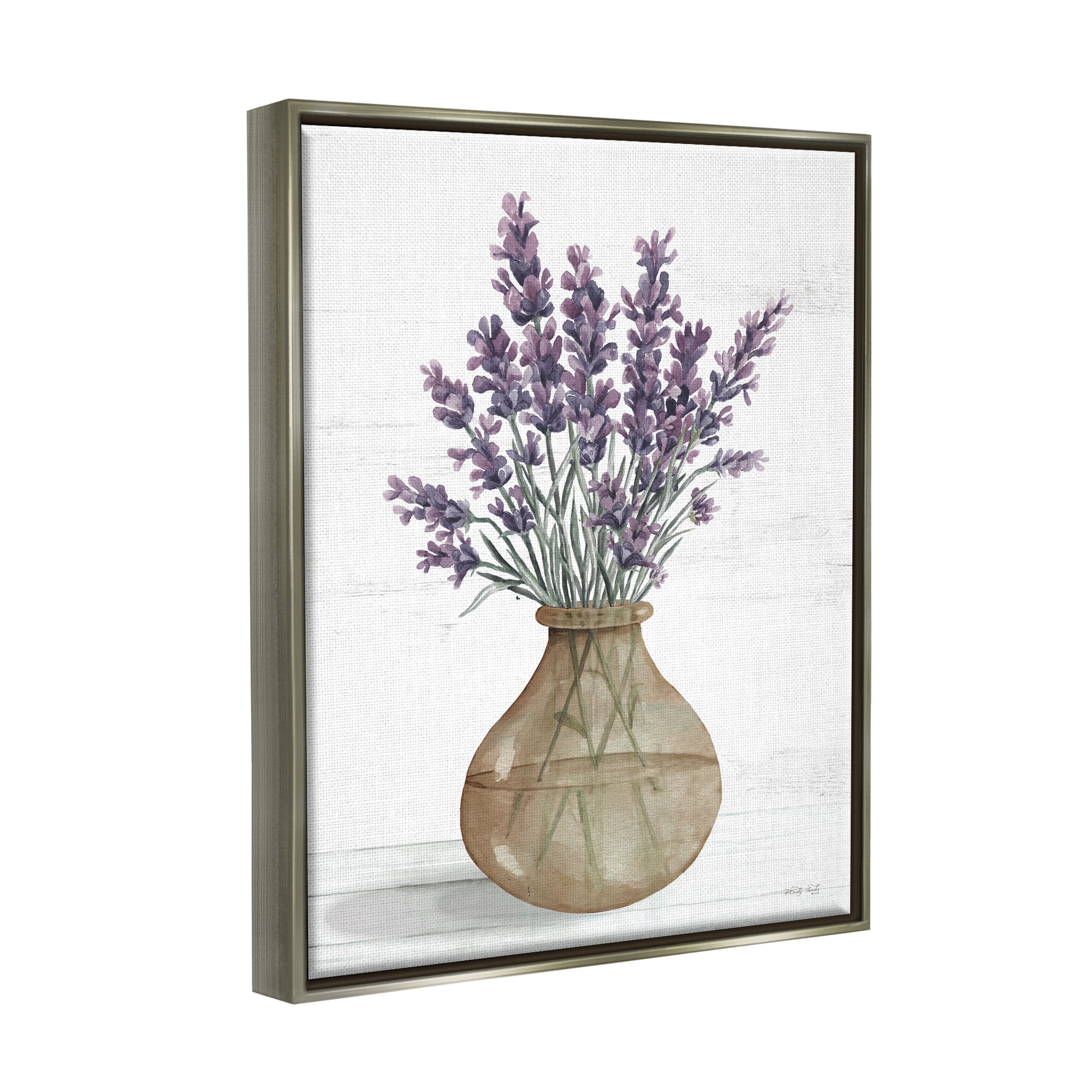 Stupell Country Lavender Sprigs Vase Botanical & Floral Painting Gray Floater Framed Art Print Wall Art