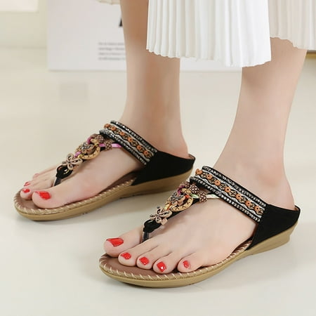 

Women Shoes Wedges Sandals For Ladies Sandals Peep Toe T Strap Bohemia Sandals Flats Beach Shoes Black 6.5