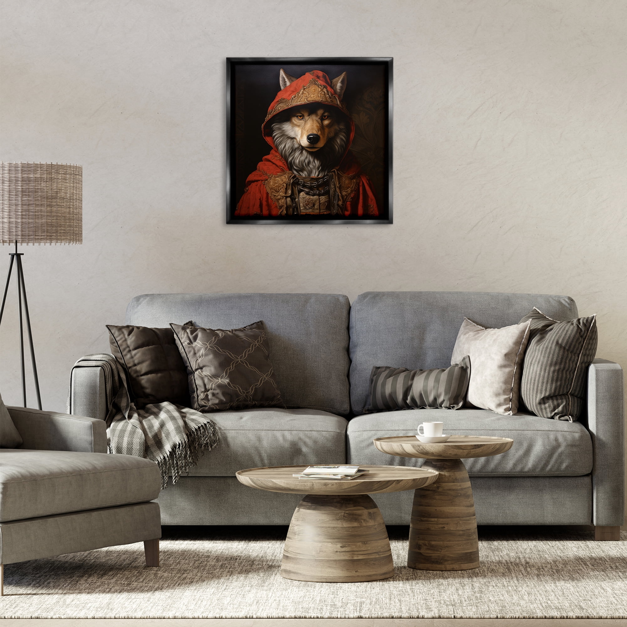 Stupell Industries Wolf with Red Cloak Animals & Insects Painting Black Floater Framed Canvas Art Print Wall Art, 25 x 25