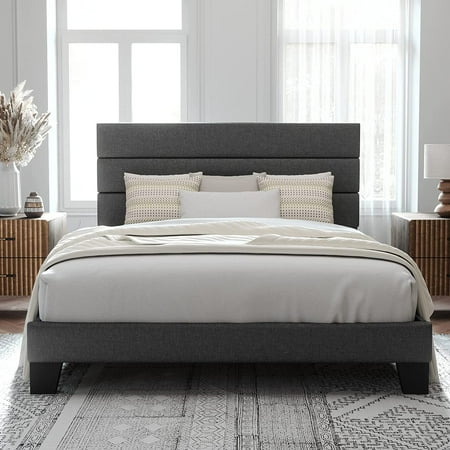 Allewie King Size Platform Bed Frame with Fabric Upholstered Headboard No Box Spring Needed Dark Grey