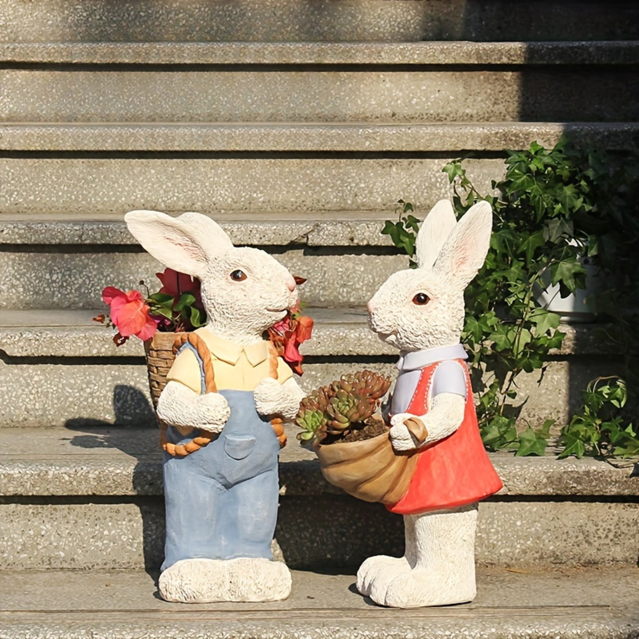 GDF Studio 16" Whimsical Rabbit Garden Statue with Flower Pot Basket, Weatherproof Resin Crafts Sculpture Decor