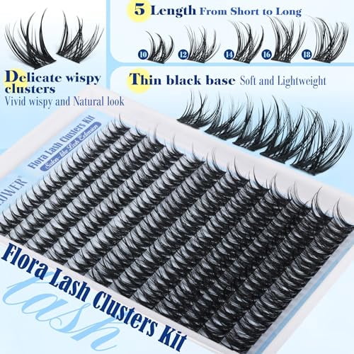 Flora Lash Clusters Kit Wispy Cluster Eyelash Extensions Natural Lash Extension Kit D Curly Fluffy Lashes Clusters Kit 10-18mm Eyelash Extension Kit Thin Band Individual Lashes by