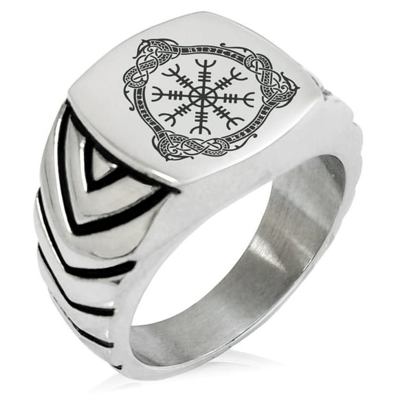 Stainless Steel Aegishjalmur Awe & Terror Helm Viking Rune Chevron Pattern Biker Style Polished Ring