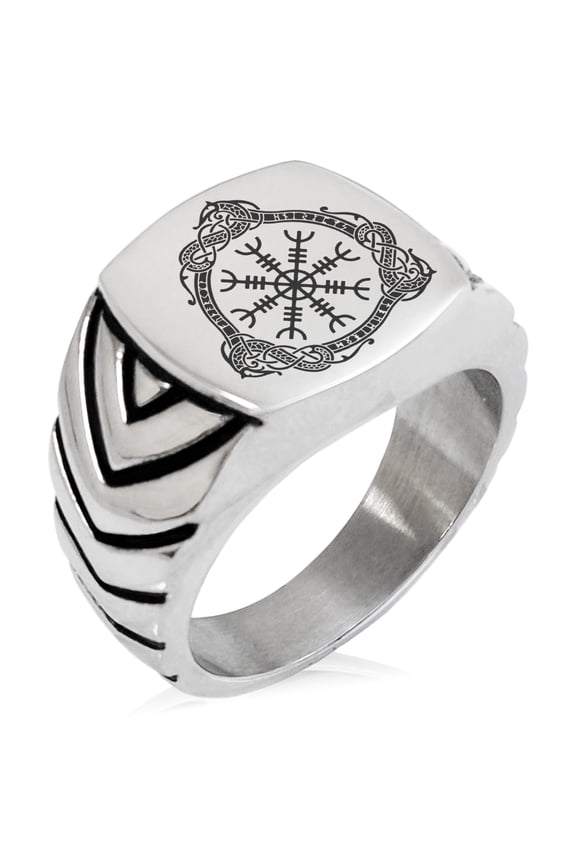 Stainless Steel Aegishjalmur Awe & Terror Helm Viking Rune Chevron Pattern Biker Style Polished Ring