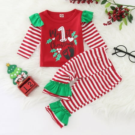 

FZM Christmas Toddler Girls Christmas Long Sleeve Letter Striped Prints T Shirt Tops Flare Pants Kids Outfits