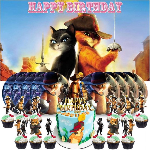 Puss in Boots Plates Birthday Supplies Decorations Decor Backdrop Banner Cake Topper Fans