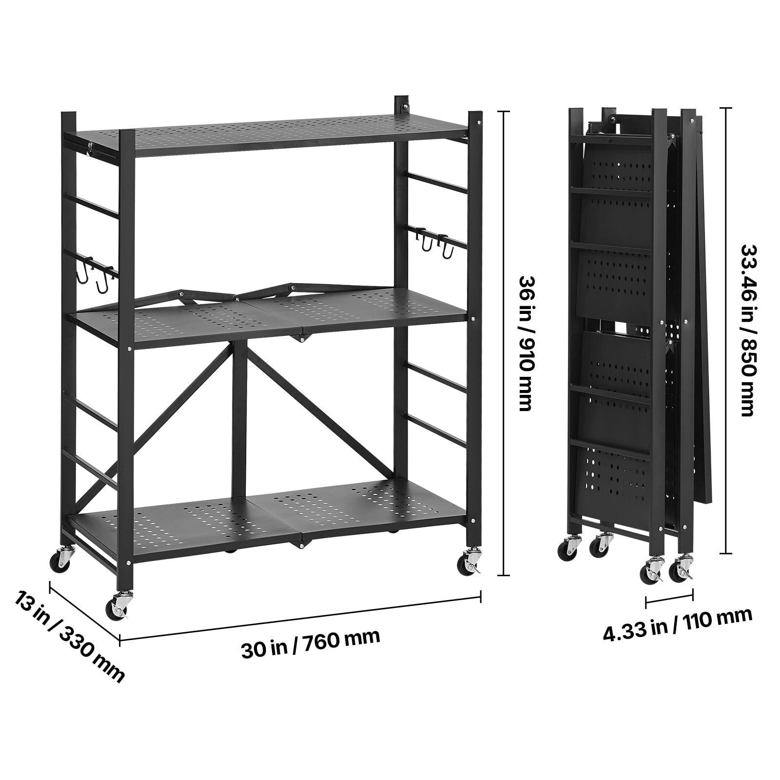 VEVOR 3-Tier Foldable Storage Shelf, 30W x 13D x 36H Inch Folding Metal Rack Shelving Unit, No Assembly Organizer Shelf with 5 Wheels & 4 Hooks for Pantry, Kitchen, Garage, Basement, Black